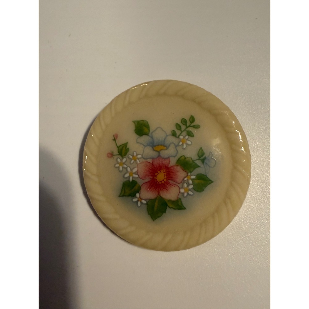 Vintage Avon Floral Brooch Cream Round Resin Pin Pink Blue Flowers Cottagecore
